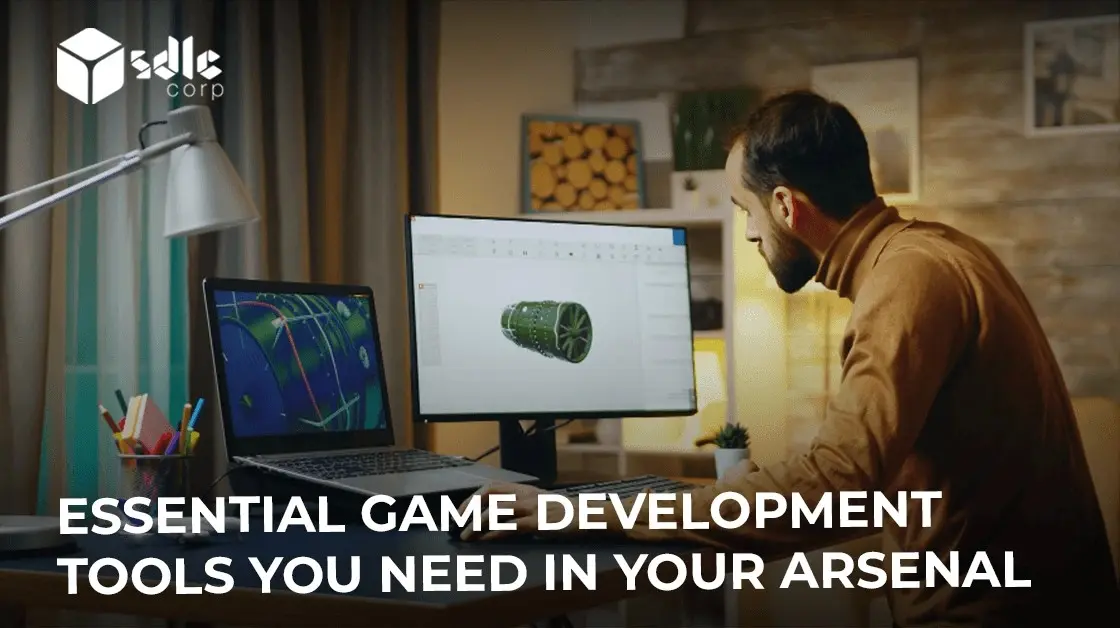 Illustration showcasing essential game development tools, including game engines, coding software, graphic design applications, audio editing tools, version control systems, and testing platforms used to create, optimize, and manage modern video game projects.