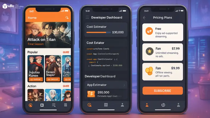 blog banner showing three mobile screens side by side: Crunchyroll-style home screen with anime carousel, developer dashboard with app cost estimator, and user pricing plan selector; set against a futuristic anime-themed workspace with glowing particles and a soft purple-blue gradient background.