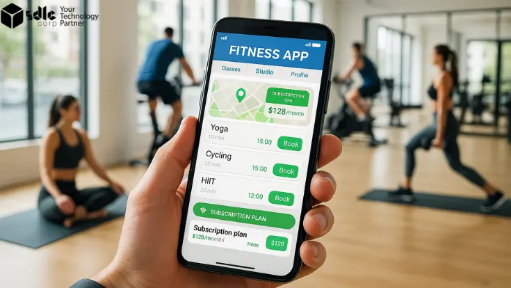 Illustration of three smartphones showcasing key features, technology stack, and design elements of a fitness app like Fitness Classpass