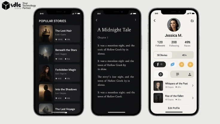 "Cost breakdown visual for developing a storytelling app like Wattpad, featuring mobile interface mockups, feature icons, and pricing tiers in a clean, modern layout
