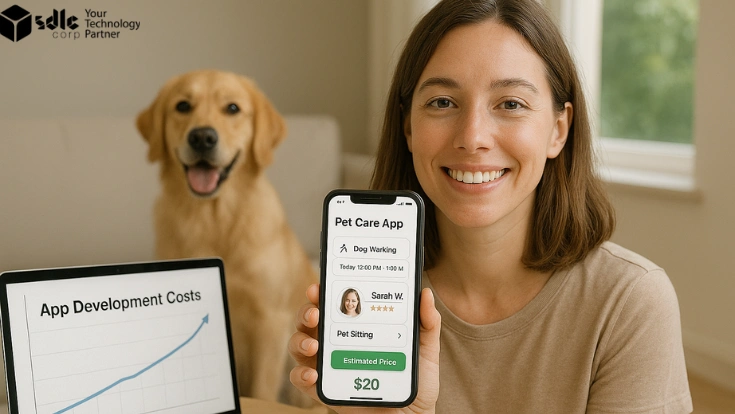 A smiling woman holds up a smartphone displaying a pet care app interface with options like dog walking and pet sitting, showing an estimated price of $20. Behind her, a golden retriever sits happily. A laptop on the desk displays a chart titled "App Development Costs" with an upward trend. The top-left corner features the SDLC Corp logo and the text "Your Technology Partner.