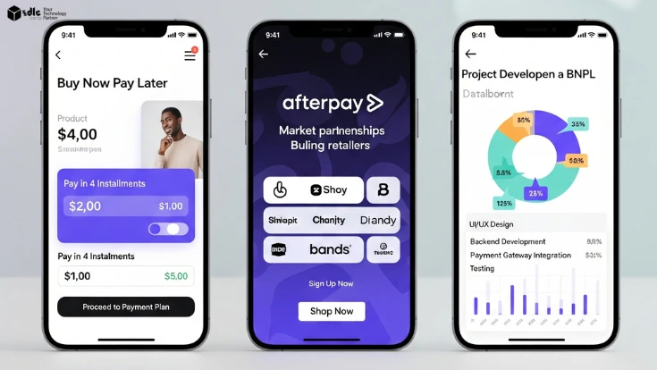 A high-resolution image showing a detailed cost breakdown for developing a flexible payment app like Afterpay, including key components like UI/UX design, backend development, and payment gateway integration