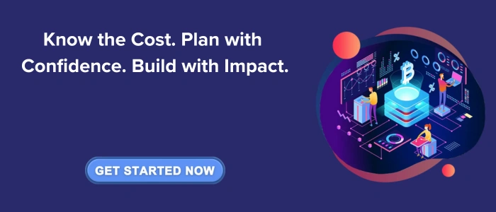 CTA banner for SDLC Corp featuring the message 'Know the Cost. Plan with Confidence. Build with Impact.' A digital illustration on the right depicts futuristic blockchain and technology elements with people interacting in a virtual data environment. A prominent blue button says 'Get Started Now', inviting users to initiate contact.