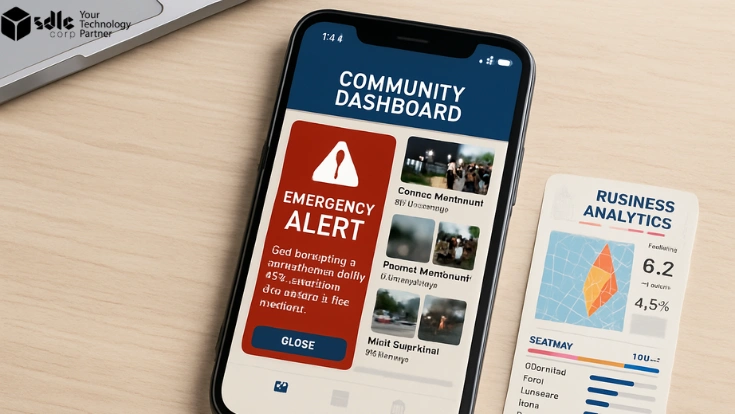 Smartphone on a desk displaying a community alert dashboard with emergency notifications and analytics, representing cost factors in developing a local alert app like Citizen