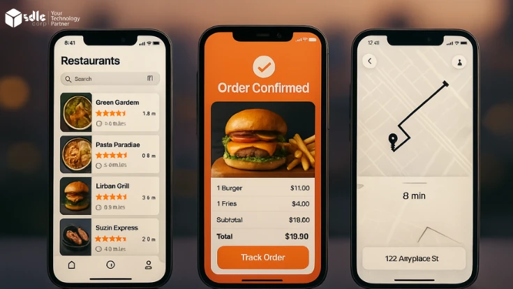 Three smartphones displaying a food delivery app interface including menu browsing, order summary, and real-time delivery tracking, under the title 'How Much Does It Cost to Build a Fast & Fresh Delivery App Like Grubhub?' on a clean, neutral background.