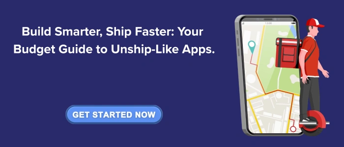 Illustration of a delivery app interface with a delivery person, promoting SDLC Corp's budget guide to building Unship-like shipping apps. Includes a 'Get Started Now' call-to-action button.