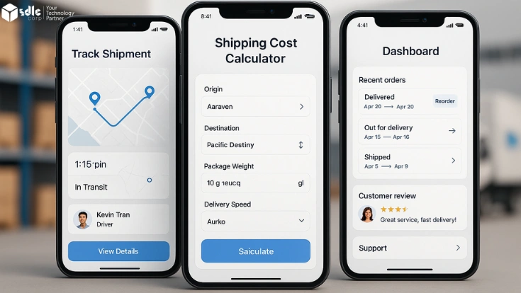 Mobile UI mockup showing shipping cost calculator, real-time shipment tracking, and order dashboard screens for a shipping app like Unship