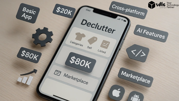 Realistic smartphone mockup showcasing a decluttering app interface with floating development cost labels such as Basic App $20K, Cross-platform $80K, AI Features $150K+, and icons for coding, analytics, and mobile platforms on a clean wooden surface