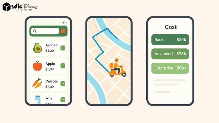 "Infographic illustrating the cost to develop a delivery app like Instacart, featuring three smartphone screens showing grocery selection, real-time delivery tracking, and cost tiers labeled Basic ($25k), Advanced ($75k), and Enterprise ($150k+), on a clean white background with vibrant UI elements."