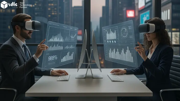 Business professionals using virtual reality and holographic data in a modern office, illustrating metaverse marketing strategies for success in virtual worlds