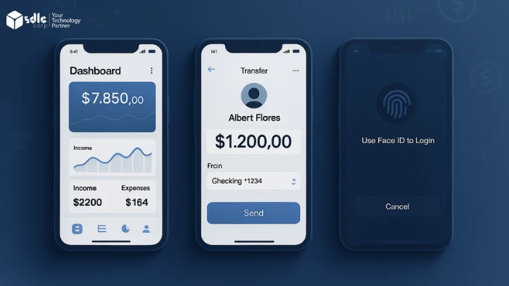 Three modern smartphone screens displaying a fintech app interface including a financial dashboard, a money transfer screen, and a biometric login, set against a blue gradient background with subtle financial icons.