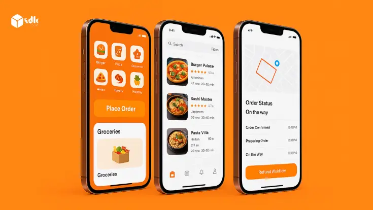 Three iPhone 16 Pro screens showcasing a professional Talabat-style food delivery app UI with menu, restaurant list, and order tracking
