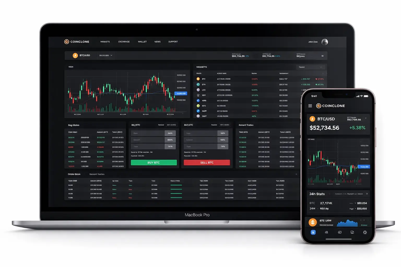 Cryptocurrency trading platform dashboard displayed on MacBook Pro and mobile app, showing Bitcoin (BTC/USD) live price charts, market data, and real-time crypto trading interface