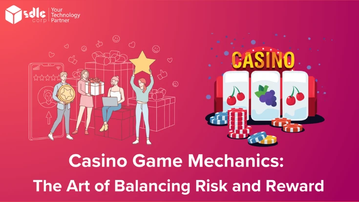 casino game mechanics illustration with slot machine, chips, and rewards concept