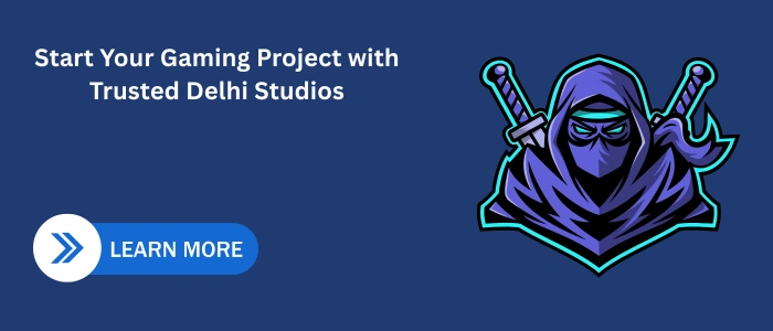 Illustration of a ninja-style game character with dual swords next to a CTA message saying “Start Your Gaming Project with Trusted Delhi Studios.”