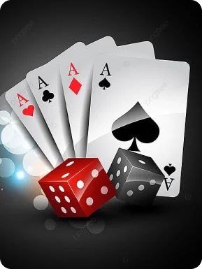 Four aces playing cards with red and black dice on a dark background.