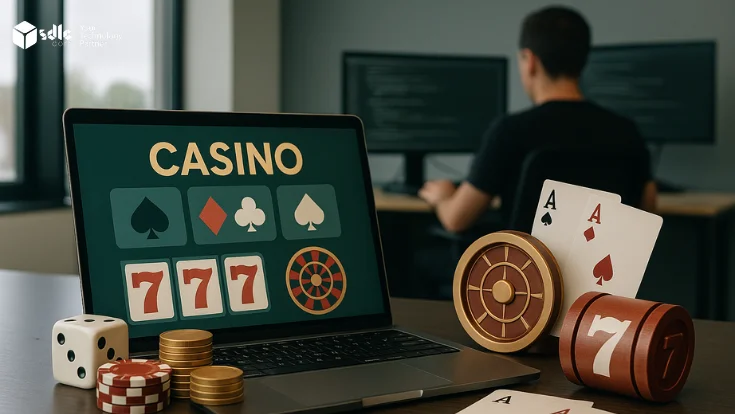 "Professional casino software interface and gaming elements displayed on a laptop, representing top casino software providers in Brazil in 2025"