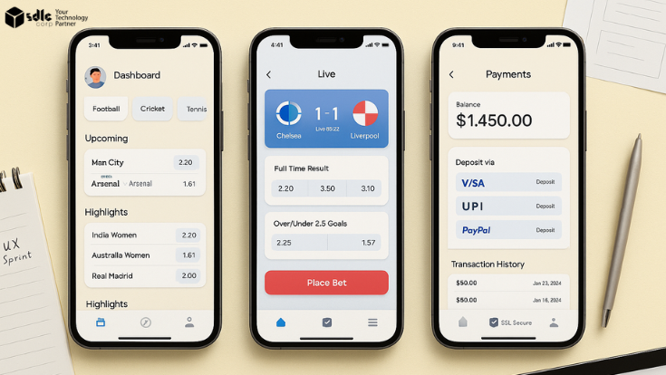 hree mobile screens showing dashboard, live betting odds, and payment screen of a modern sports betting app with a light-themed UI