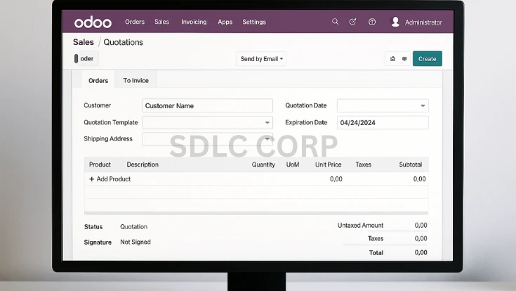 Odoo Sales module showing custom quotation form interface