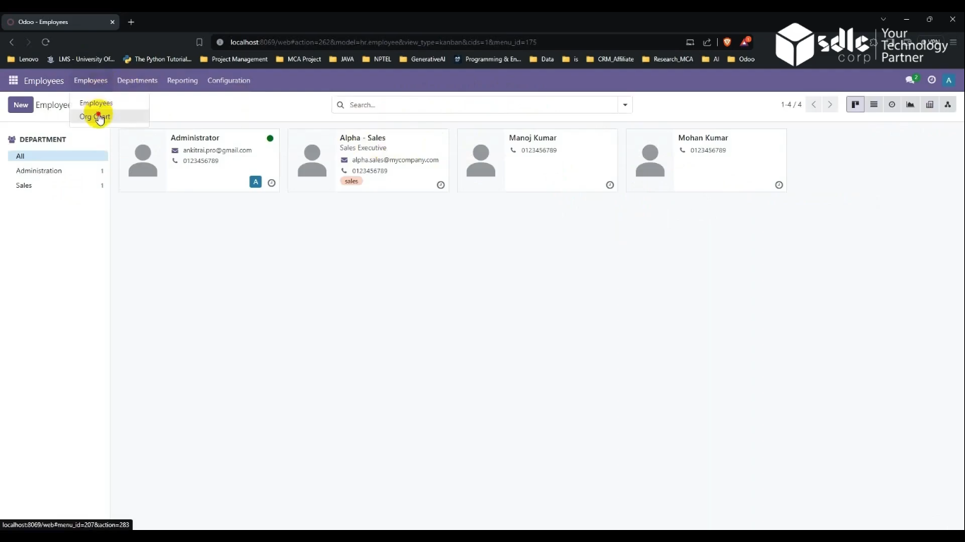 How to Manage Employee Org Chart in Odoo: Click Employee > Org Chart