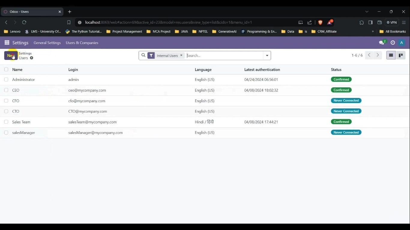 Creating a User in Odoo: Click on New User