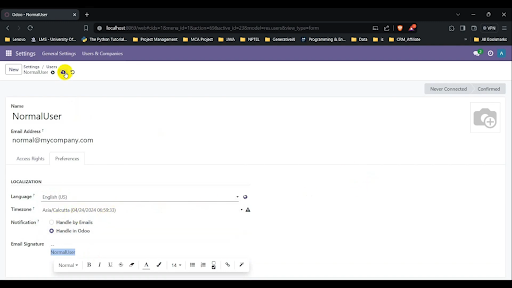 Creating a User in Odoo: Fill All Details and save details