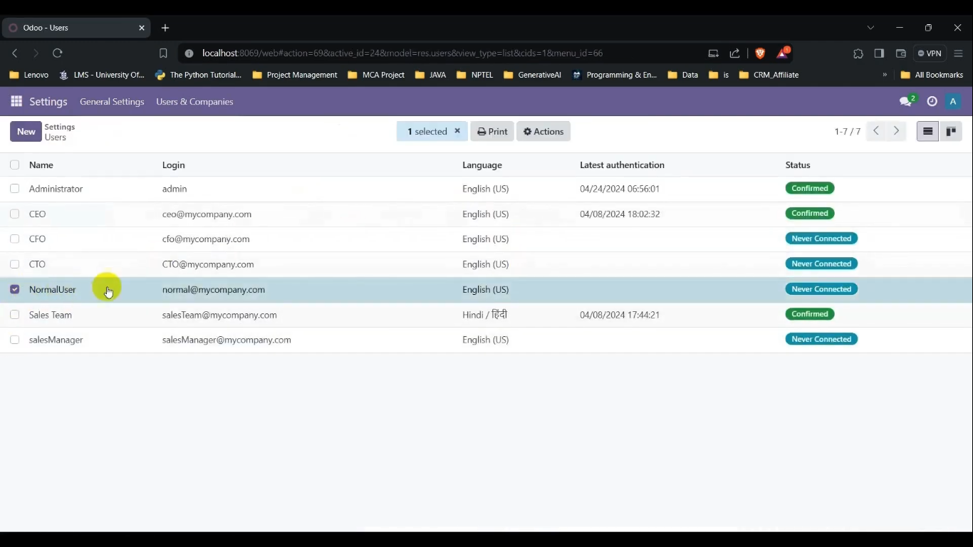 Creating a User in Odoo: Verify User Addition in the Dashboard