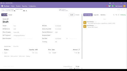 Create a Purchase Bill and Pay It in Odoo: Confirm the Purchase Bill