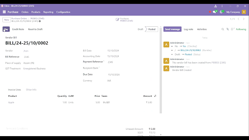 Create a Purchase Bill and Pay It in Odoo: Initiate Payment