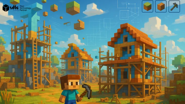 “Illustration showing game development inspired by Minecraft, featuring a pixelated character with a pickaxe, under-construction voxel-style buildings, floating blocks, and interface elements representing coding and design tools.”