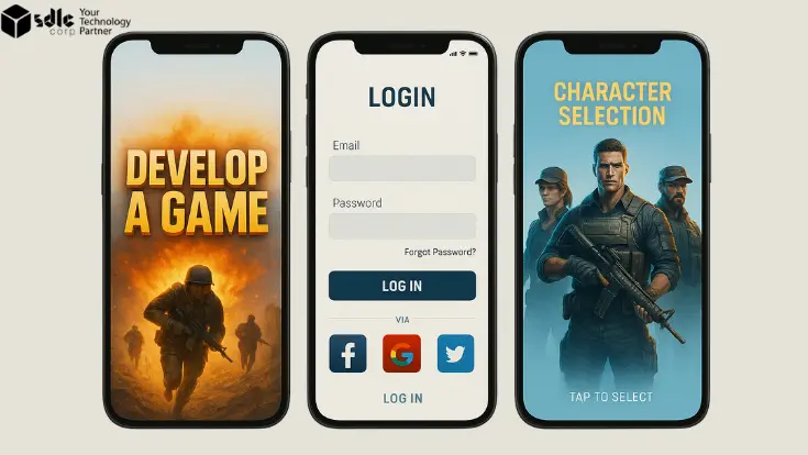 Futuristic mobile game UI with three screens: explosive splash screen with soldier, login/signup interface with social media buttons, and character selection screen featuring military avatars — inspired by Free Fire.