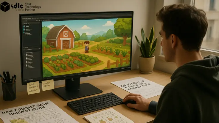Game developer working at a desk designing a Harvest Moon-style farming game, with a monitor showing a farm scene and papers featuring wireframes and UI mockups.