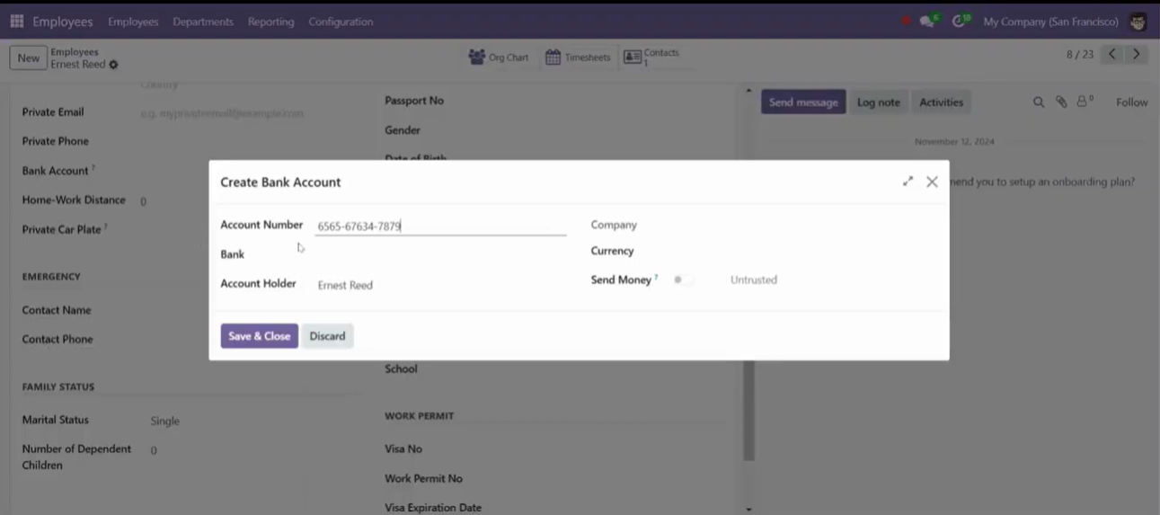 Bank Account in the Odoo 18 Employee App: Verify the Configuration