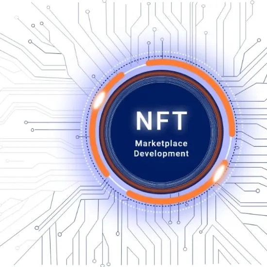 NFT marketplace development concept with digital blockchain interface