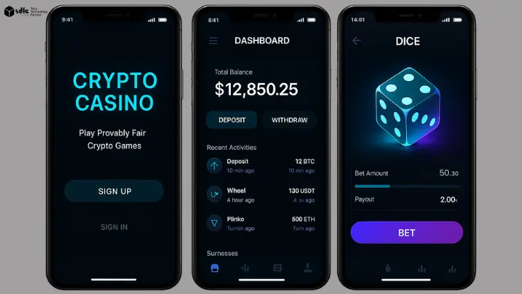 Illustration of developers and crypto gaming elements symbolizing the architecture and features of a BC Game clone platform for Web3 casino development.