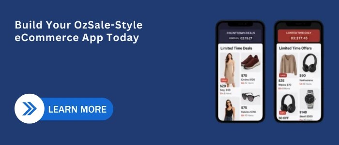 CTA banner promoting OzSale-style eCommerce app development with a Learn More button and flash-sale app previews.