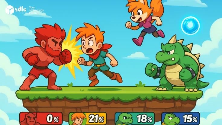 "UI design and gameplay preview of a Super Smash Bros-style Unity game"