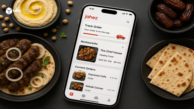 Jahez app UI with delivery and restaurant features