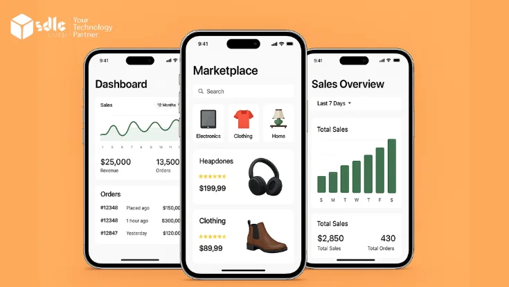 Realistic mobile screens displaying key features of a marketplace app like Amazon for online shopping.