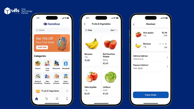 Three iPhone 16 Pro screens displaying Carrefour app UI with homepage, product listing, and checkout interface