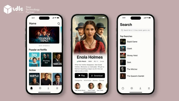 Displaying a video streaming app interface in light mode, illustrating UI features related to the cost to develop a Netflix-like platform.