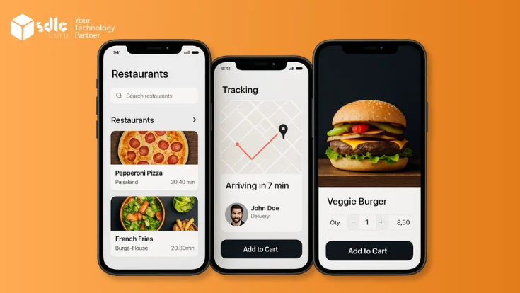 Three mobile screens displaying key features of a Delivery App Like Mrsool, including restaurant listings, order tracking, and item selection.