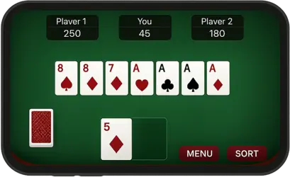 A digital Points Rummy game interface showing playing cards, player scores, and gameplay options like Menu and Sort, representing fast single-round rummy gameplay.