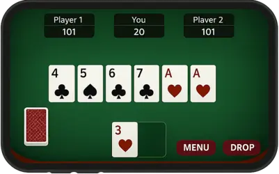 A Pool Rummy game interface on a mobile screen displaying player scores and arranged cards, illustrating multi-round elimination gameplay with strategic card moves.