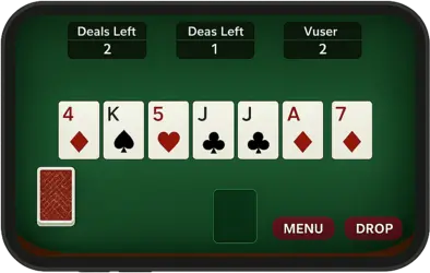 A Deal Rummy mobile game interface showing cards, remaining deals, and player scores, representing fixed deal-based competitive gameplay with smooth performance.
