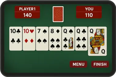 A Kalooki Rummy mobile game interface showing player scores and arranged cards, illustrating strategic contract-based gameplay with smooth user experience.
