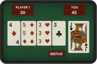 A Gin Rummy mobile game interface showing two-player scores and cards, highlighting fast-paced gameplay with a sleek and intuitive design.