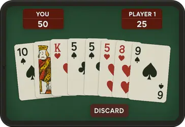 A Dummy Rummy mobile game screen showing player scores and arranged cards, depicting contract-style multi-round gameplay with smooth and engaging design.
