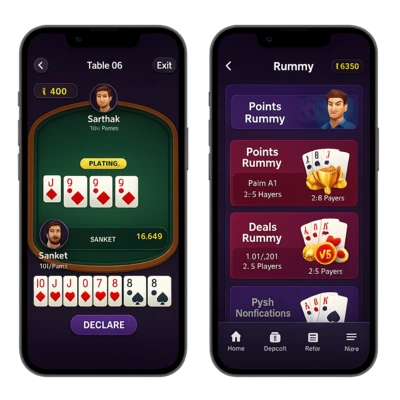 “Mobile app screens showing an online Rummy card game table between two players and a game mode selection menu with Points and Deals Rummy options.”