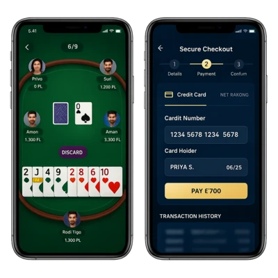 Mobile rummy app screens showing a live multiplayer card table and a secure checkout page for payments.